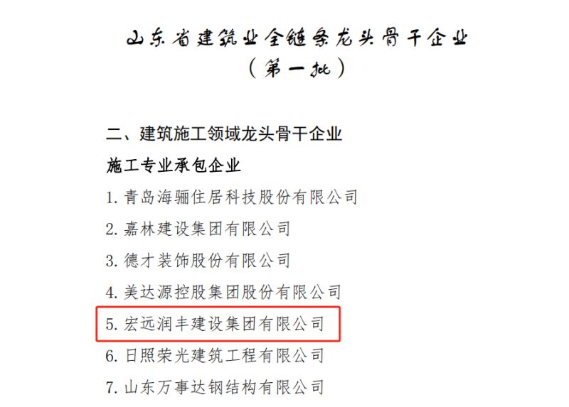 喜報！宏遠潤豐建設(shè)集團有限公司榮獲山東省建筑業(yè)全鏈條龍頭骨干企業(yè)（外出施工領(lǐng)域類）